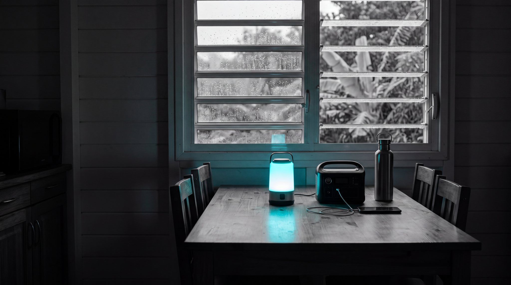 Table en bois dans une cuisine sombre, avec une lanterne allumée, une station électrique portable qui recharge un téléphone et une gourde, devant une fenêtre à lames sous la pluie